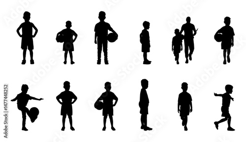 Young footballers stand together vector set.