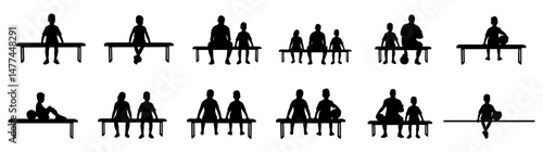 Vector set of teenage girls sitting on a bench in front of a football field