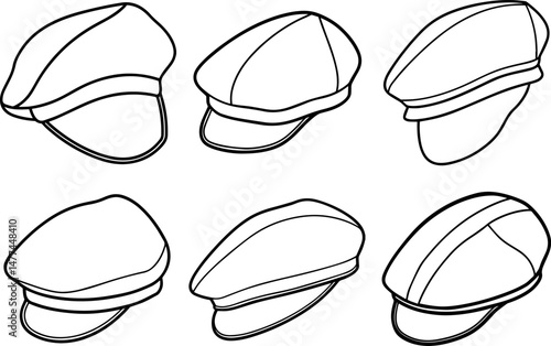 Set of beret cap outline vector illustration, line art