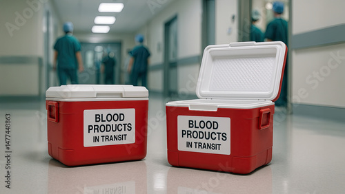 Red Medical Coolers for Blood Transport in Hospital Corridor