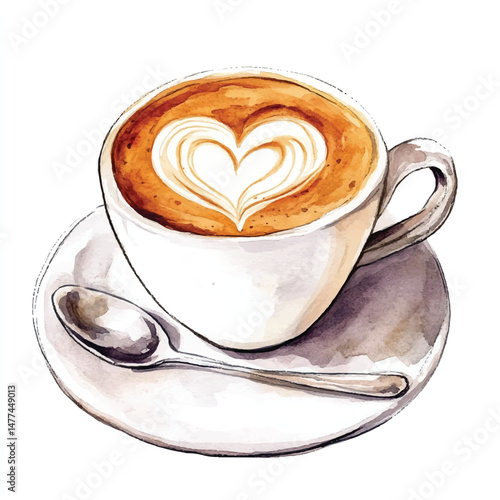 Cute cartoon watercolor A cup of coffee with a heart
