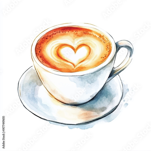 Cute cartoon watercolor A cup of coffee with a heart