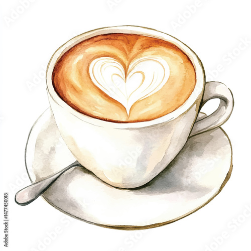 Cute cartoon watercolor A cup of coffee with a heart