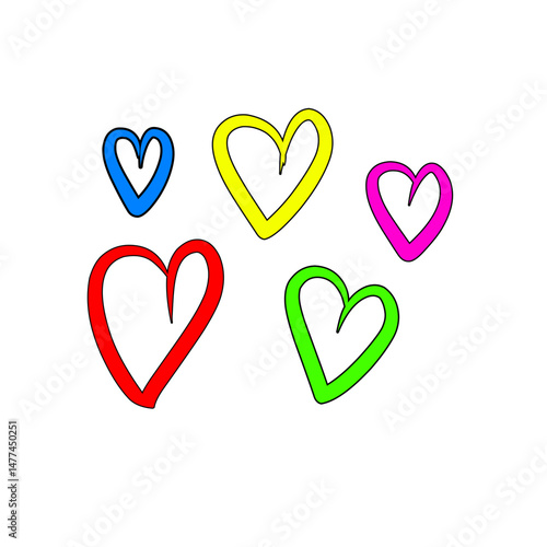 Vibrant heart symbols glowing intensely against an stark black backdrop illustration