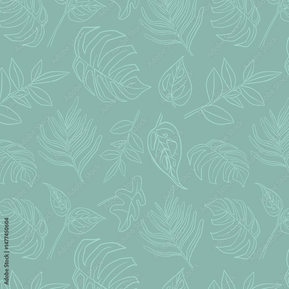 Fototapeta premium Tropical Monstera Seamless Leaf Pattern. Vector floral background in a trendy minimalistic linear style in pastel colors for printing packaging, fabric, t-shirts, covers, posters