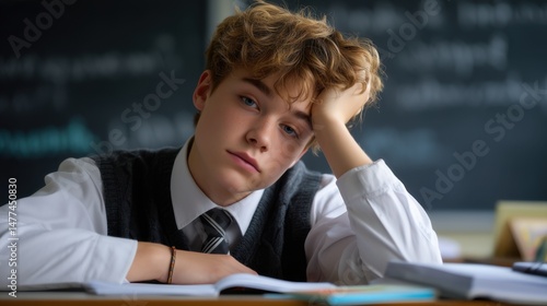 Student shows boredom while studying in a classroom during school hours with a focused expression in soft lighting