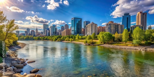 Sunny day in Calgary with the Bow River, river, outdoor,  river, outdoor, vehicles, urban landscape, building