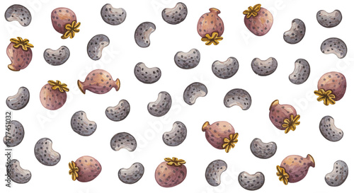 Delicate Watercolor Painting Depicts A Cluster Of Scattered Poppy Seeds Against A Bright White Backdrop Showcasing Their Varied Earthy Tones And Textures In A Natural And Artistic Style