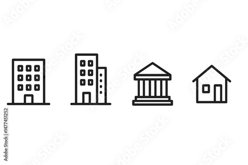 Vector icon set showcasing various building types including residential, commercial, and institutional structures in a simple design