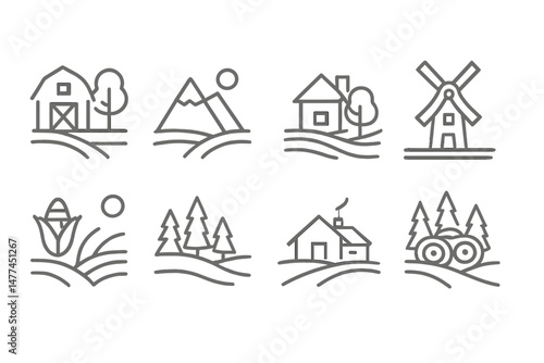 Vector icons representing rural landscape elements including barns, mountains, homes, and windmills for agriculture-themed design