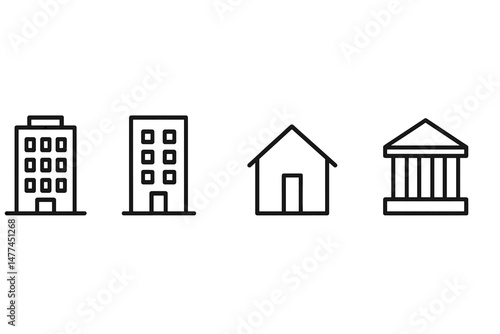Collection of vector icons representing different types of buildings including a skyscraper, apartment, house, and government structure