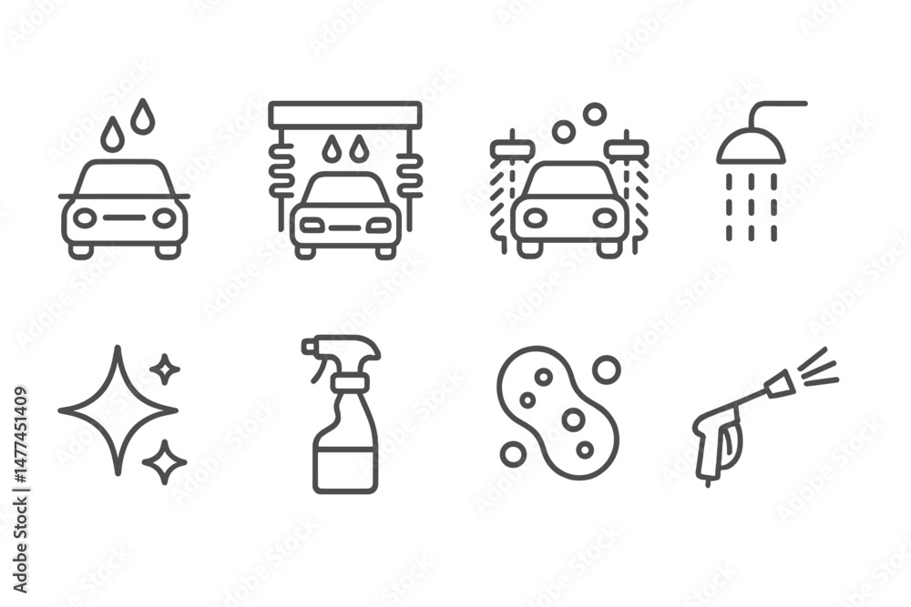 Car wash vector icons illustrating various cleaning processes and tools for vehicle maintenance in a simple design Car wash vector icons illustrating various cleaning processes and tools for vehicle maintenance in a simple design