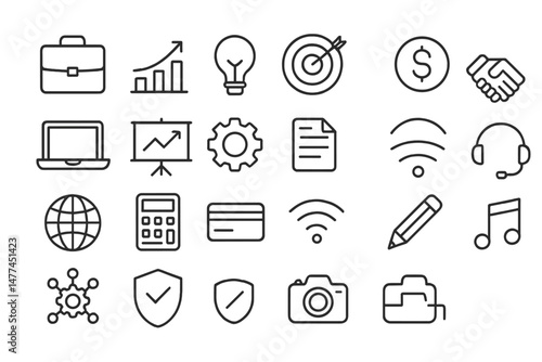 Business and technology vector icons representing various concepts of work, finance, and collaboration