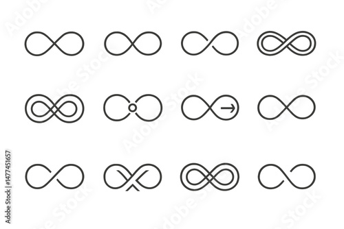 Collection of vector icons depicting infinity symbols in various styles and shapes for creative design use