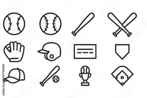 Vector icons representing baseball equipment and accessories in a minimalistic style for sports design