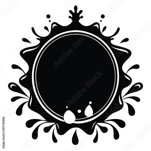 Black of a round frame has decorative splash elements all around it