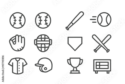 Collection of vector icons representing various baseball elements and equipment suitable for sports designs and applications