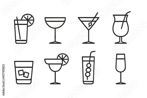 Collection of vector icons representing various types of beverages including cocktails and soft drinks for digital design use