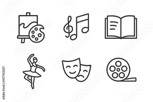 Creative arts vector icon set featuring painting, music, theatre, dance, and literature symbols