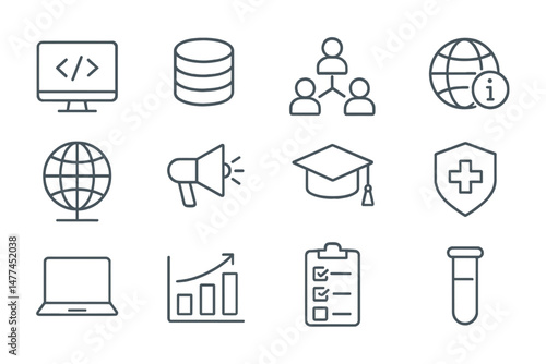 Collection of vector icons representing technology, education, and global communication in a minimalist design