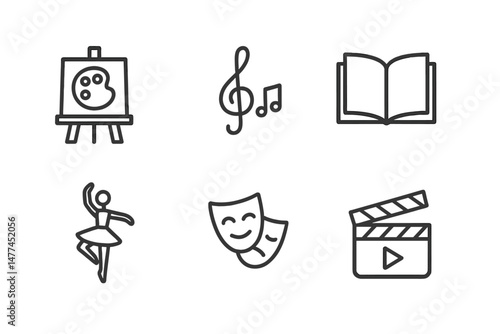Vector icon collection depicting various artistic activities including painting, music, dancing, and theater represented in a minimalist style