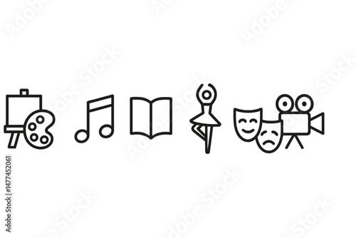 Creative activities represented by vector icons showcasing art, music, literature, dance, and theater in a simple design