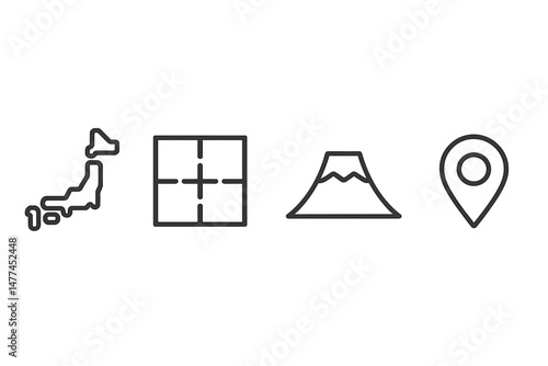 Vector icon set representing Japan with map outline, grid symbol, mountain icon, and location marker for navigation