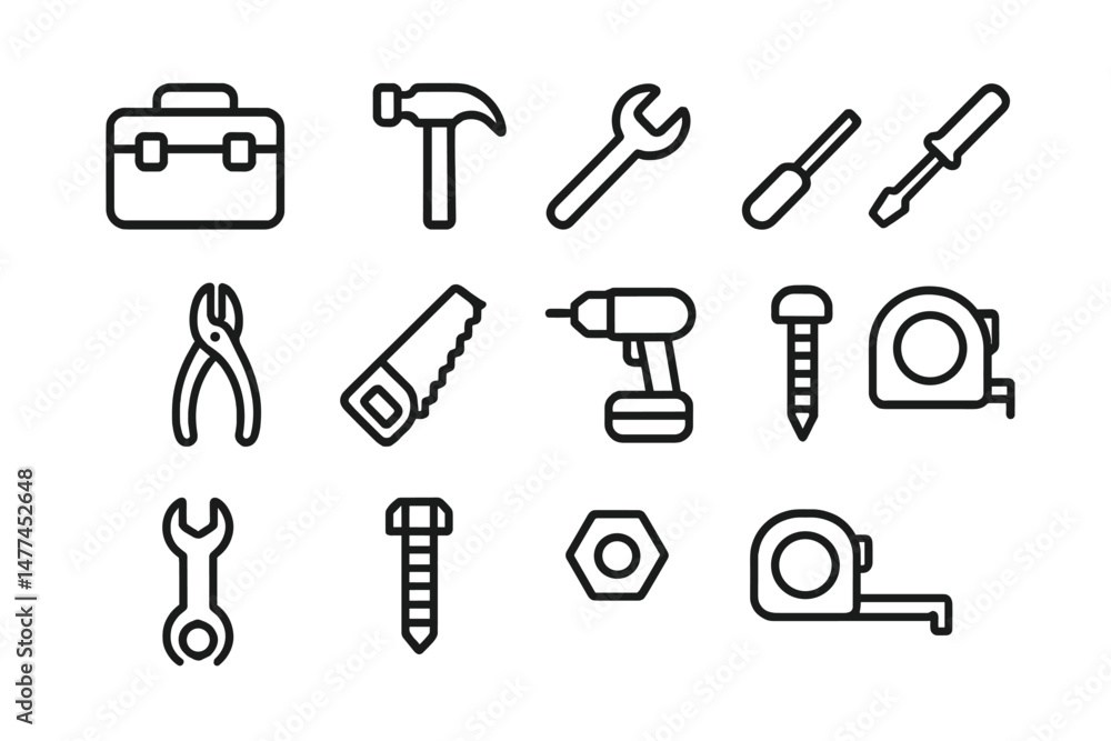 Collection of essential vector icons representing various tools and hardware equipment for home improvement projects Collection of essential vector icons representing various tools and hardware equipment for home improvement projects