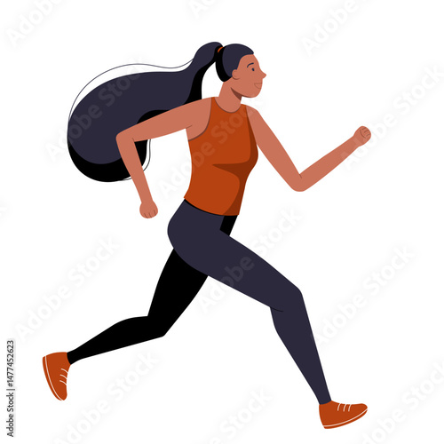 Running woman on white background, sporty female character in motion