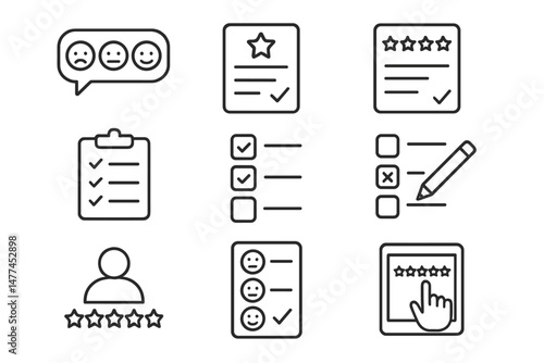 Simple vector icons representing feedback and review processes with various emoticons, checklists, and ratings