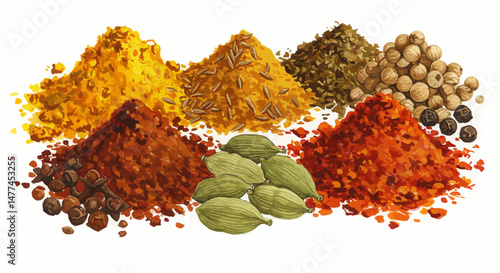 Watercolor Illustration Showcasing Vibrant Ras El Hanout Spices Artistically Arranged In Colorful Piles That Invite Culinary Exploration And Evoke The Warmth And Aroma Of Diverse Flavors