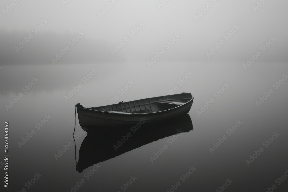 Naklejka premium Serene Boat in Foggy Lake
