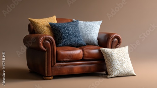 Stylish leather sofa with decorative pillows cozy living room interior design warm ambiance close-up view comfort concept