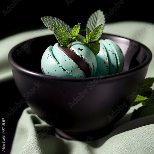 Refreshing Mint Chocolate Chip Ice Cream: A close-up of creamy mint chocolate chip ice cream with real chocolate chunks, garnished with fresh mint leaves. Perfect for food brands and ads.