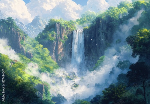 Lush Green Mountain Waterfall Landscape in Pixel Art Style