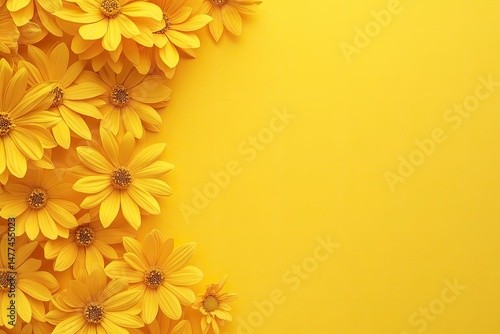 Bright yellow flowers border a vibrant yellow background.  Clustered blooms create a cheerful, sunny design