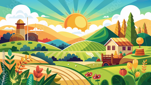 Ideal for a vector illustration, this scene captures the essence of agricultural life, the beauty of growth, and the serenity of a sunny countryside. It’s a perfect visual for themes of farming, susta