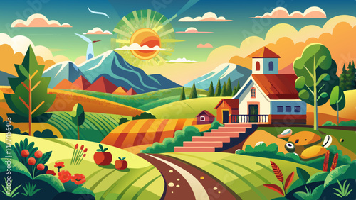 Ideal for a vector illustration, this scene captures the essence of agricultural life, the beauty of growth, and the serenity of a sunny countryside. It’s a perfect visual for themes of farming, susta