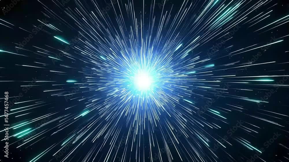 Bright light streaks burst from central point against dark starry backdrop, creating dynamic, energetic visual Bright light streaks burst from central point against dark starry backdrop, creating dynamic, energetic visual