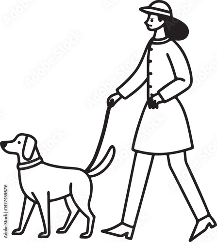 Hand-drawn illustration of a person walking a dog, perfect for pet care services, outdoor lifestyle, and dog lover content