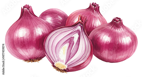 A Beautifully Rendered Watercolor Painting Showcases A Cluster Of Shallots Their Purple Hues And Delicate Details Creating A Visually Appealing And Appetizing Image With Soft Shadows