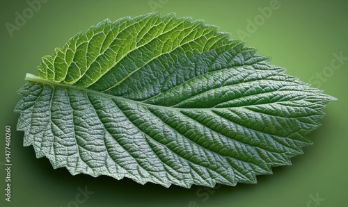 Single green leaf, close-up, nature, studio shot, background gradient, botanical illustration