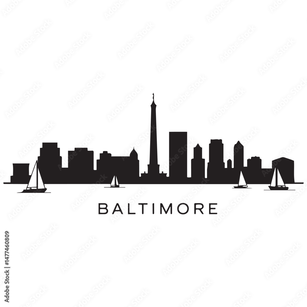 Naklejka premium Vector Baltimore skyline. Travel Baltimore famous landmarks. Business and tourism concept for presentation, banner, website. Vector black silhouette. with white background