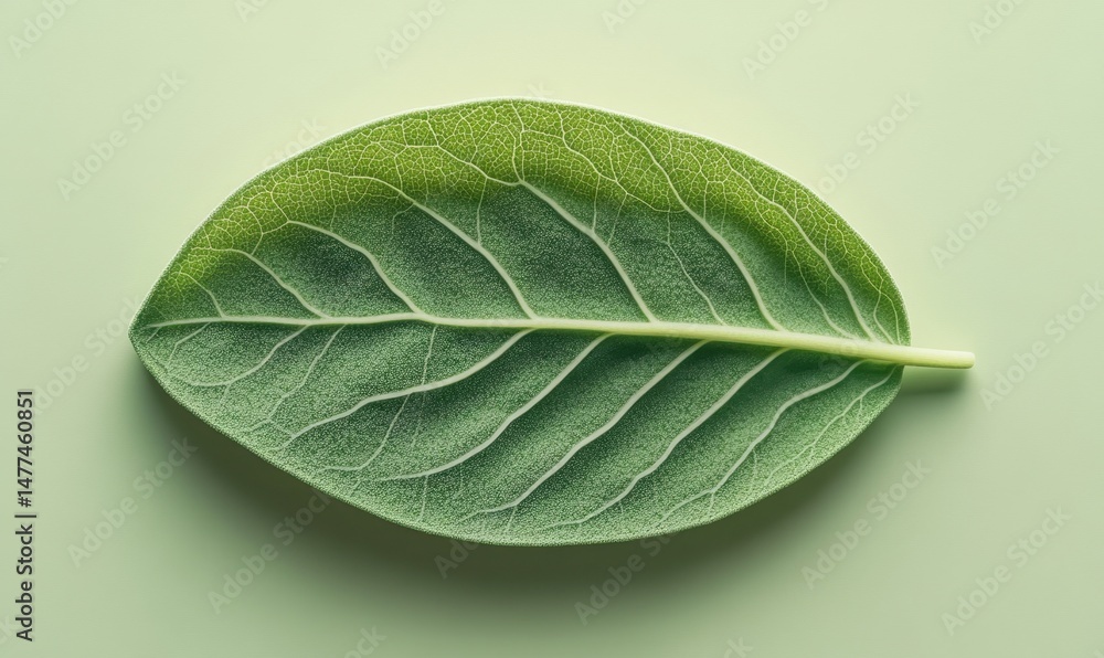 Obraz premium Single green leaf, flat lay, pastel background, nature design