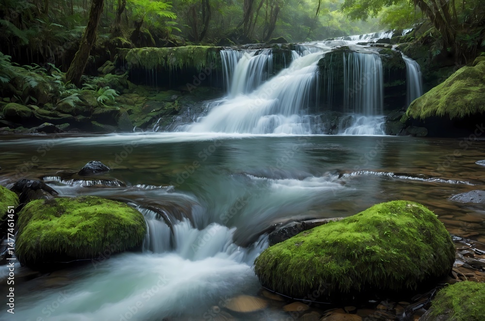 Fototapeta premium Peaceful Tropical Waterfall Flowing Amidst Lush Greenery and Soft Sunlight