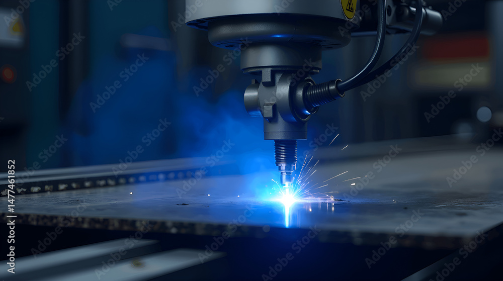 A high-powered industrial laser beam is cutting steel with precision, mounted on a robotic arm A high-powered industrial laser beam is cutting steel with precision, mounted on a robotic arm