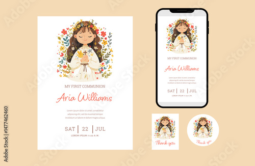 First Communion Invitation Set for Girl with Floral Wreath – Thank You Card and Mobile Version Included