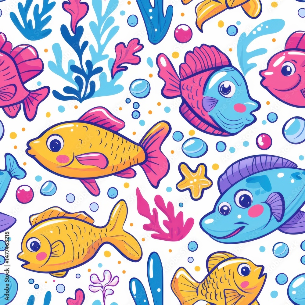seamless pattern of underwater scene, happy cartoon fish, bubbles, and sea plants, cute doodle style seamless pattern of underwater scene, happy cartoon fish, bubbles, and sea plants, cute doodle style