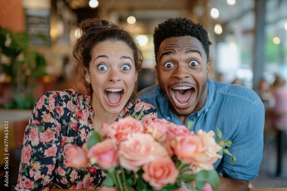 Obraz premium Happy Couple Surprised by Flowers