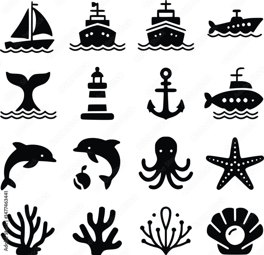 Fototapeta premium Water Activities & Marine Life Icons Ocean Adventure Shark, Octopus, Lighthouse Graphics